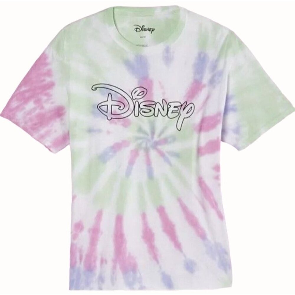 Disney womens tie dye logo tshirt pink green crewneck short sleeve cotton new XL
